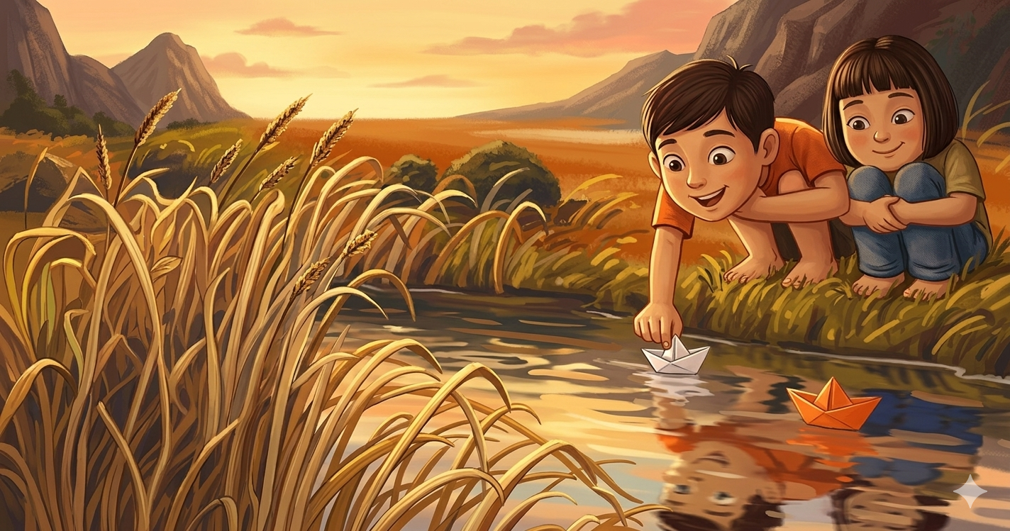 Paper Boat brand story children floating paper boats in river at sunset — taste of childhood alive India