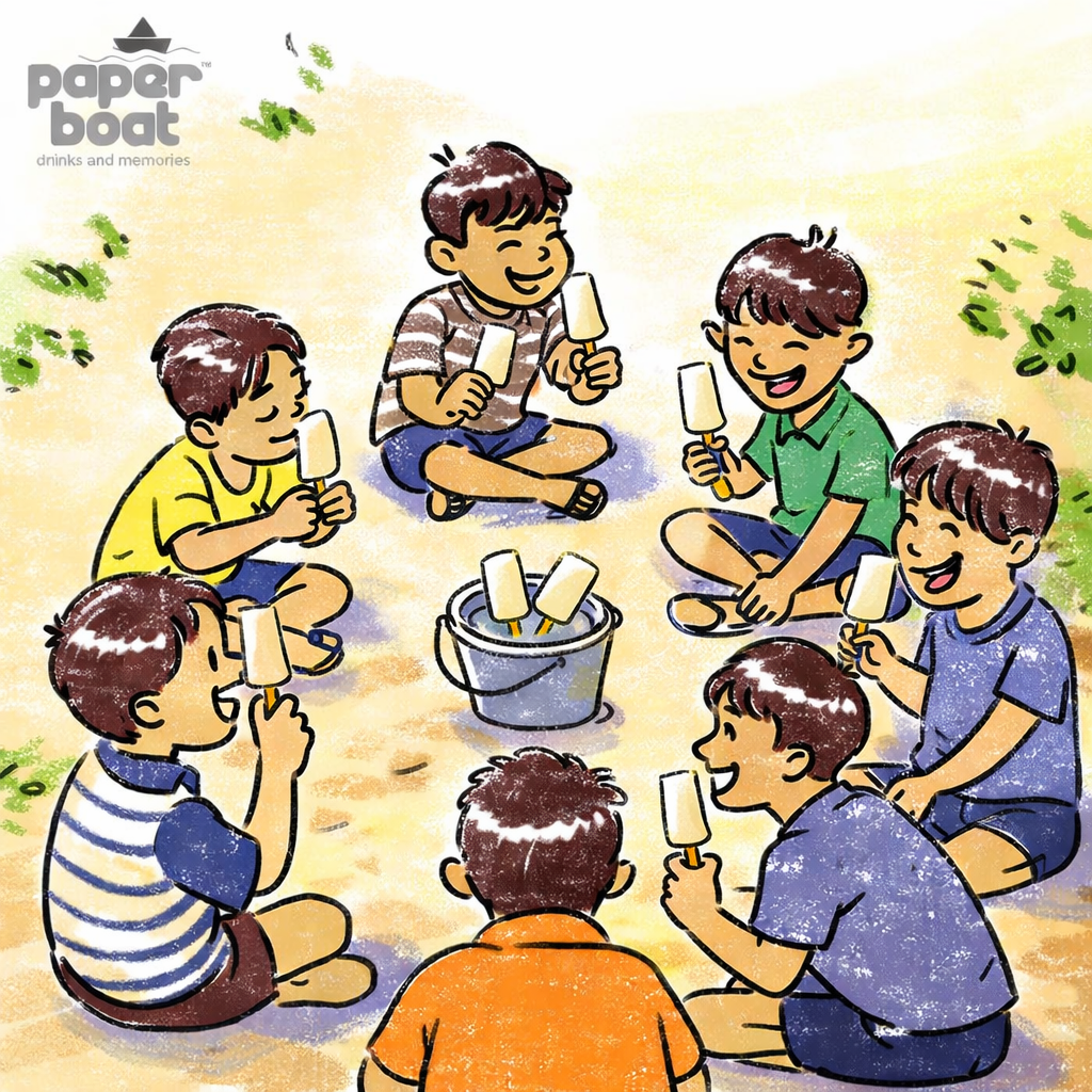 Kulfi-Ki-Chitthi children sharing kulfi sticks from Sancha bucket outdoors — Paper Boat childhood memory India
