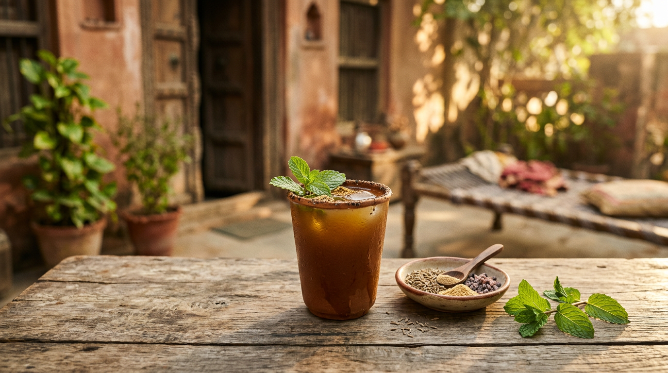 Paper Boat Jaljeera drink in clay glass with cumin and mint — nostalgic Indian summer beverage