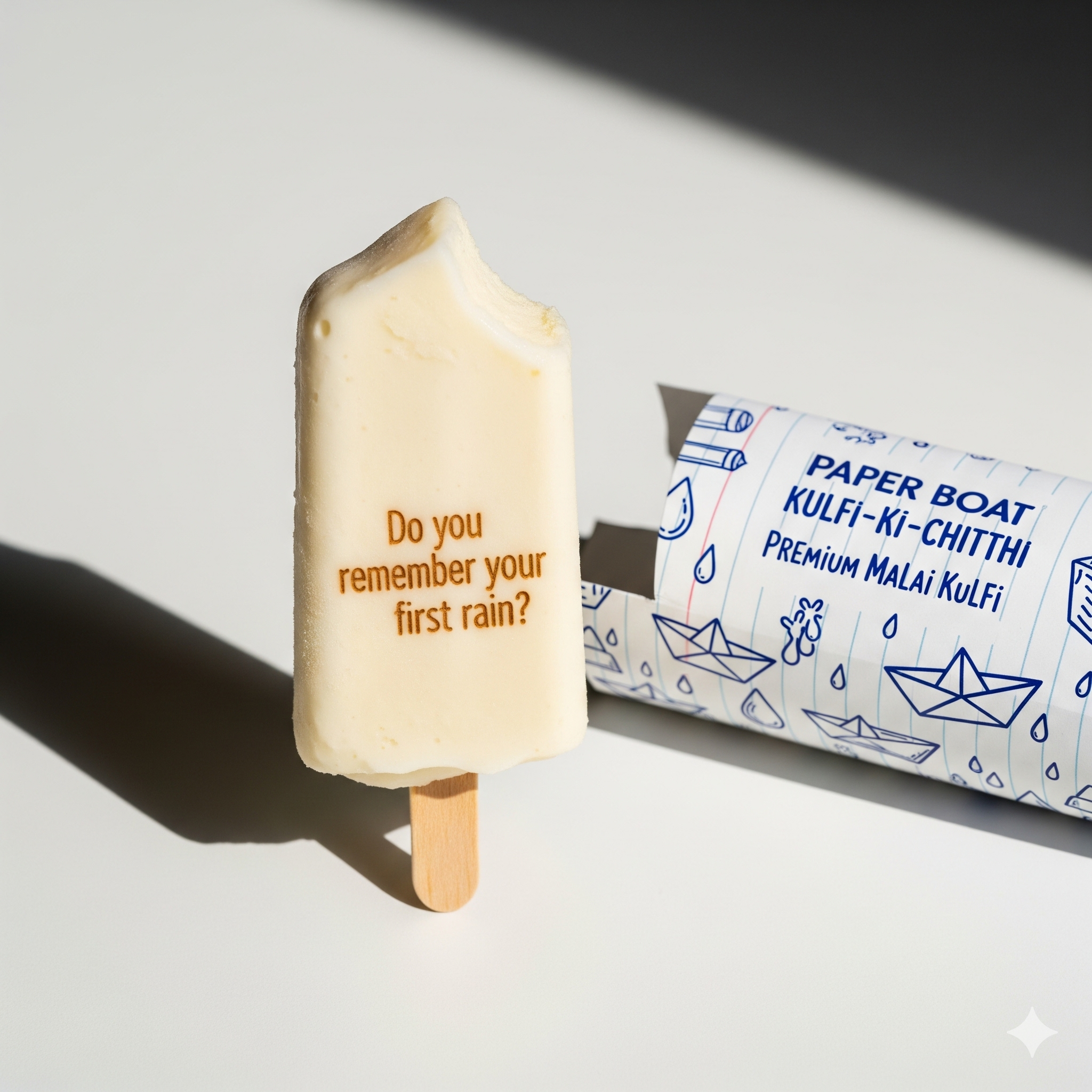 aper Boat Kulfi-Ki-Chitthi malai kulfi stick showing hidden Chitthi message engraved on kulfi — last bite nostalgia marketing strategy India